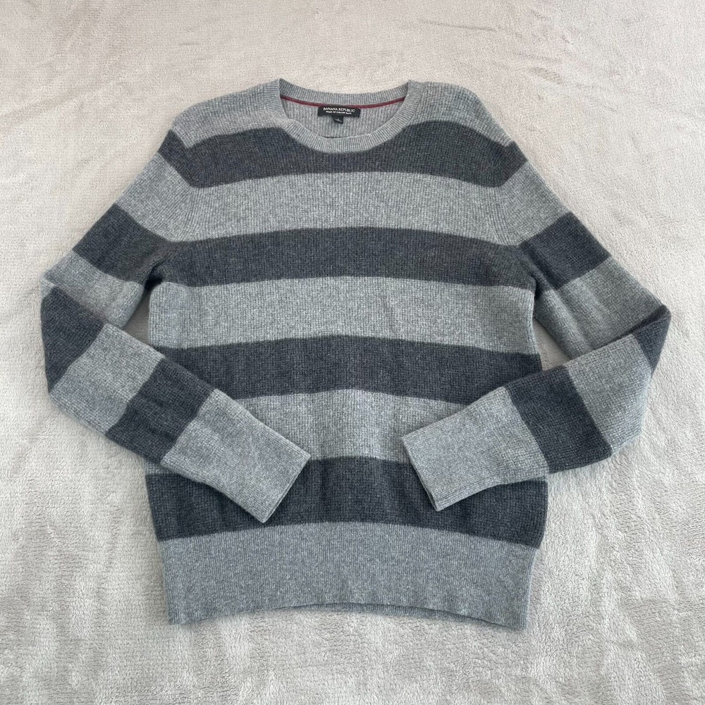 Banana Republic Sweater Men Large Grey Striped Merino Wool‎ Crew Neck NWOT